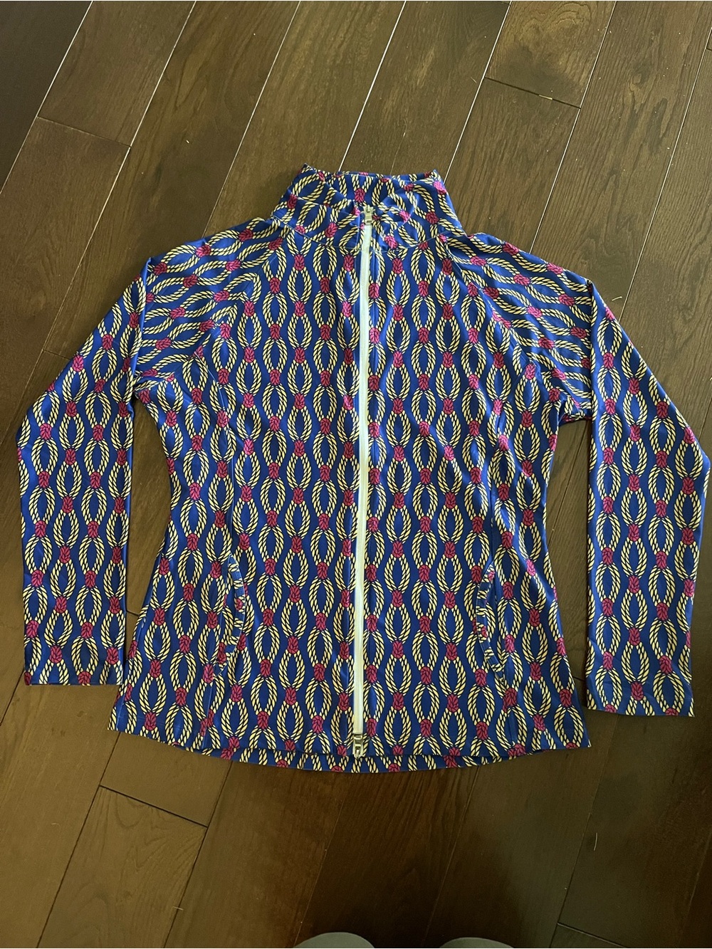 Blue Geometric Print Zip-Up Jacket with Pink & Yellow Accents